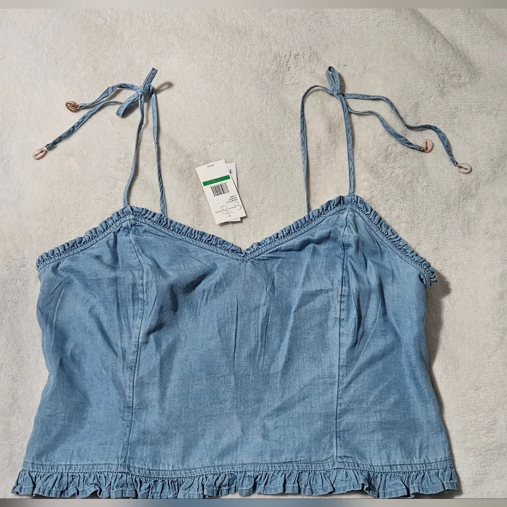 NWT Jessica Simpson Cropped Spaghetti Strap W/ Shell Detail Denim Top; Size L - Picture 2 of 12